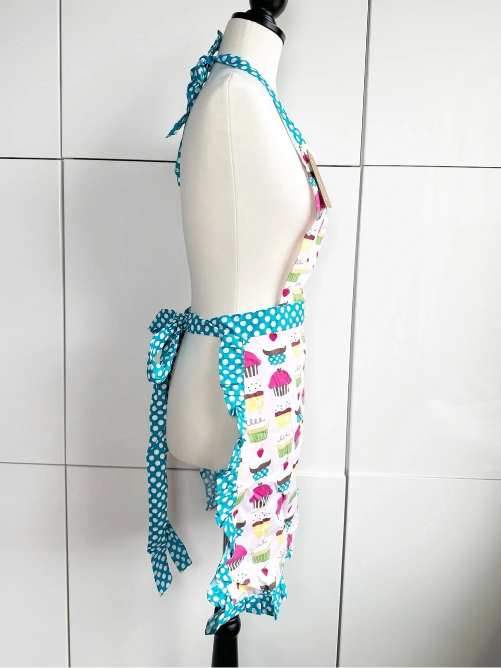 Cupcake Apron Pink with Blue White Polka Dot Ruffle Trim One Size